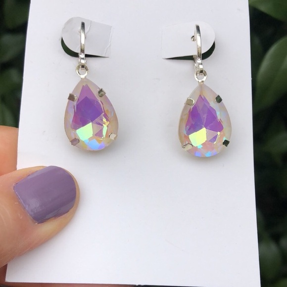 Iridescent AB White Pear Crystal Drop Earrings - Picture 3 of 6